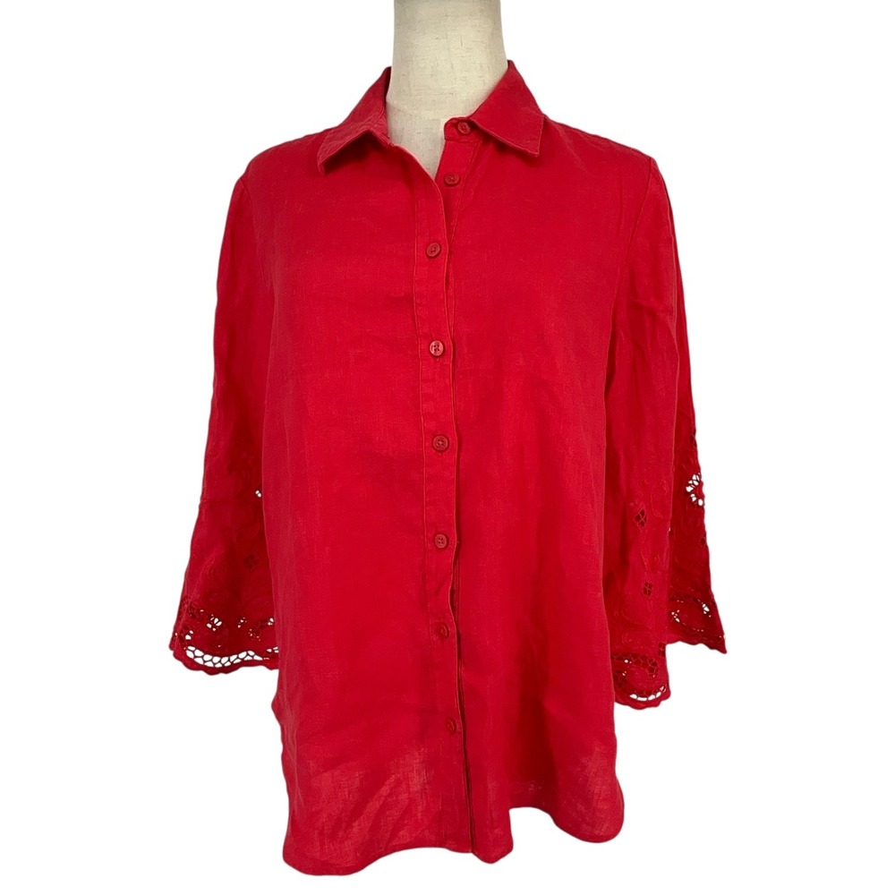 Chicos Red Linen Eyelet Sleeve Button‎ Down Shirt Sz 0.5 Sm US 6 Luxury Resort